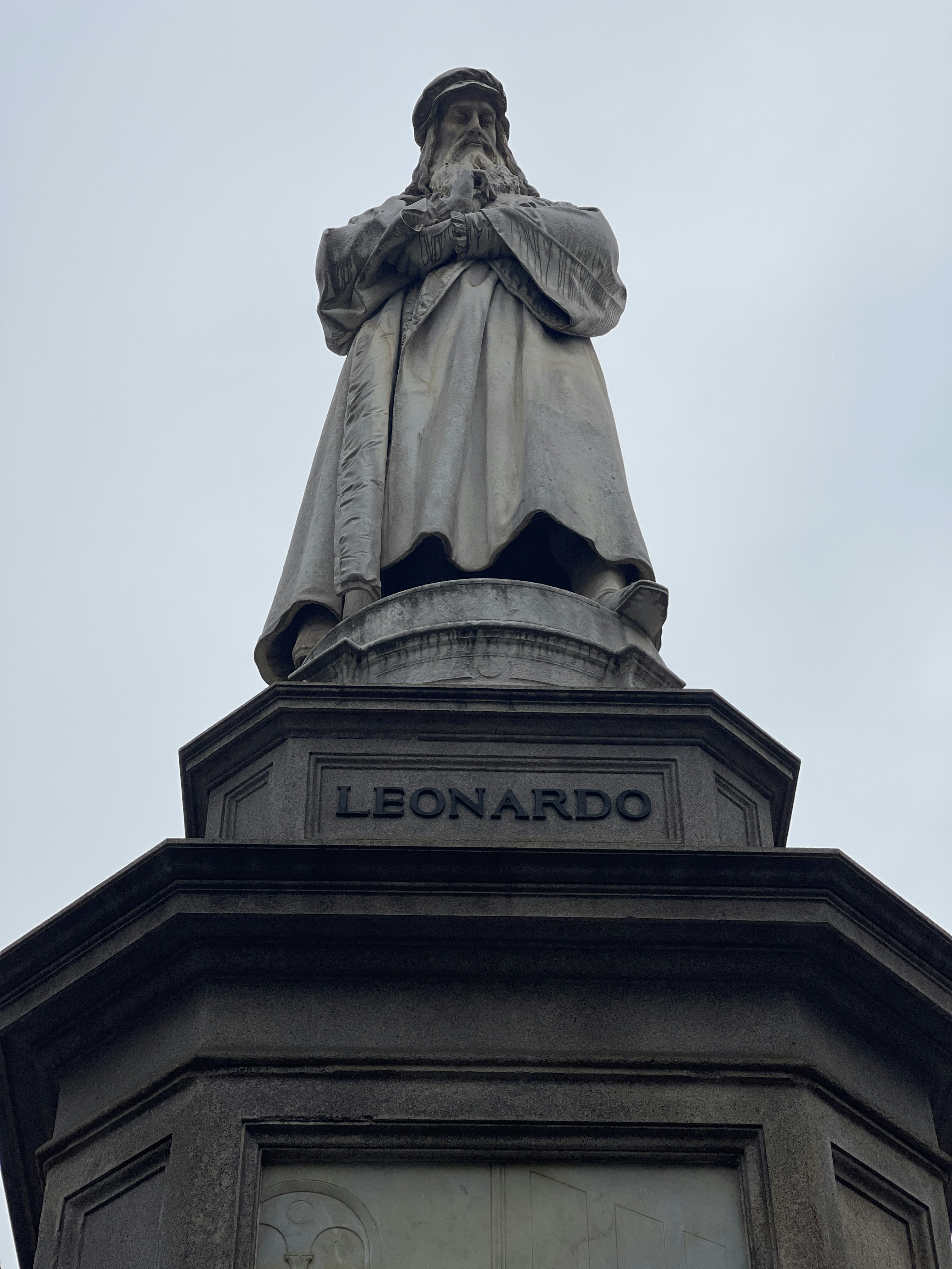 Statue of Leonardo da Vinci in Milan sculpted in 1872 by Pietro Magni. It is outside the Galleria Vittorio Emanuele II, the famous shopping centre.