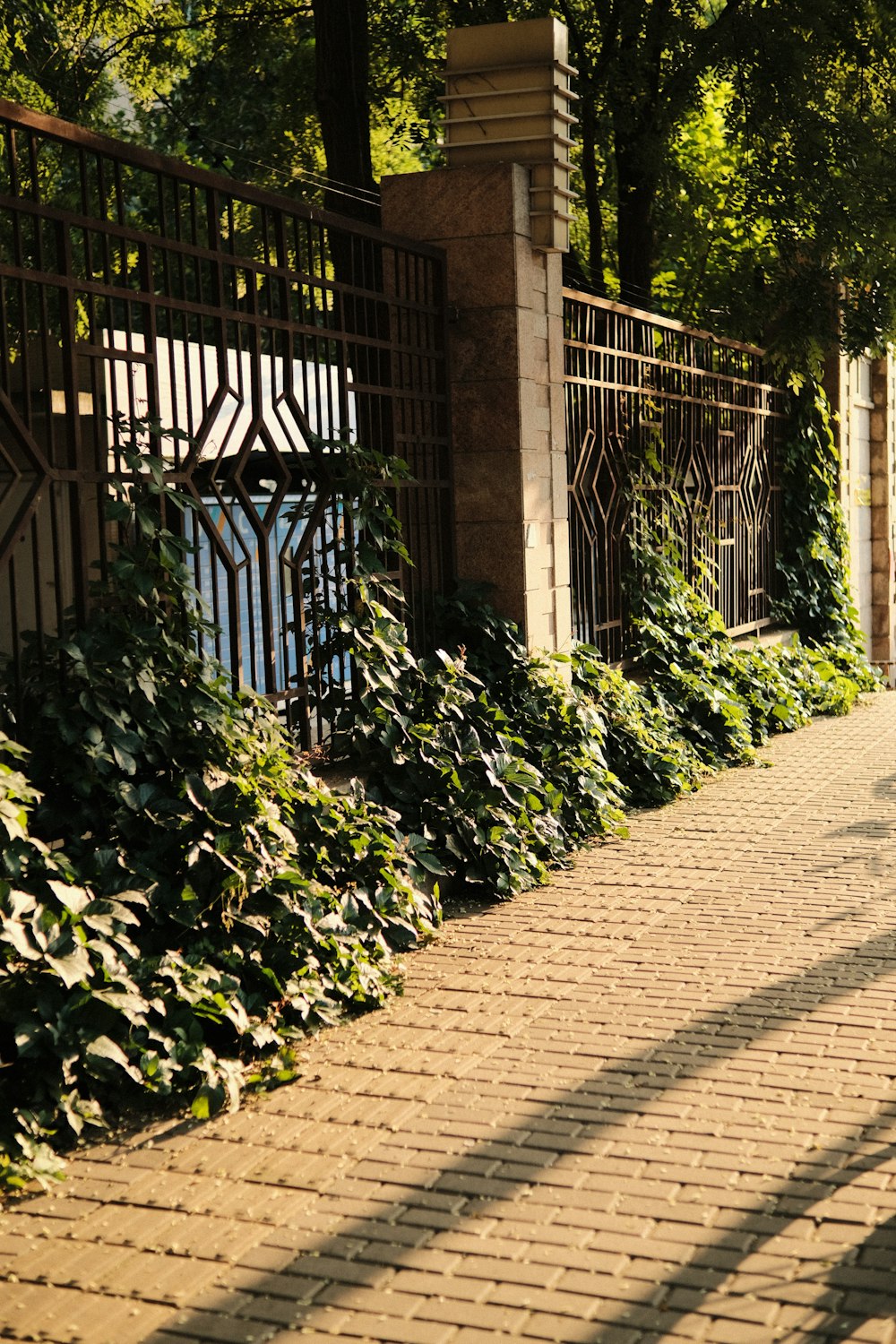 a stone walkway with a gate and trees on the side