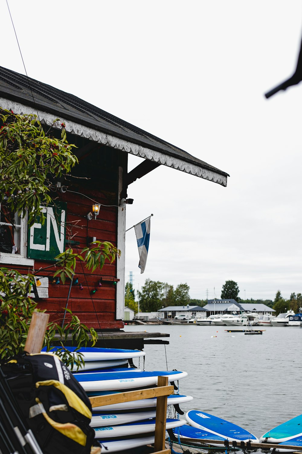 a row of boats on the water