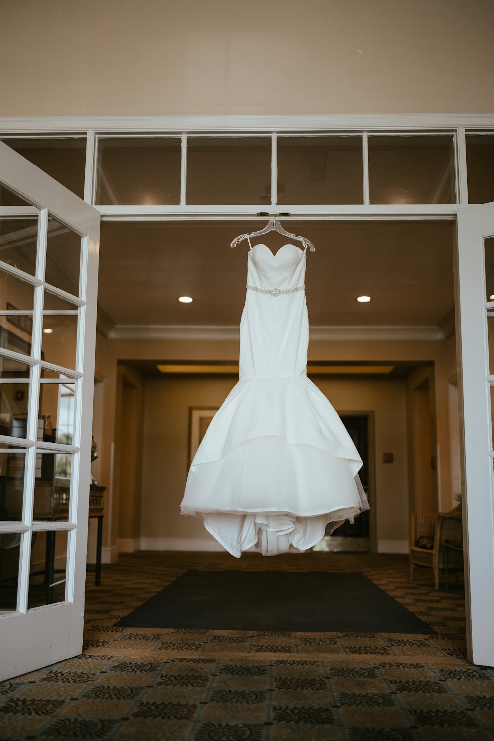 a wedding dress in a room