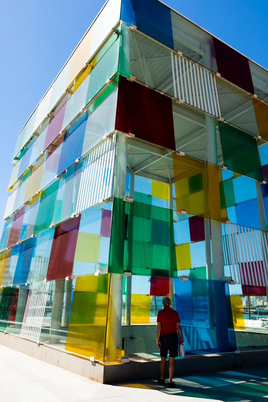 Colorful tinted glass panels on a contemporary building