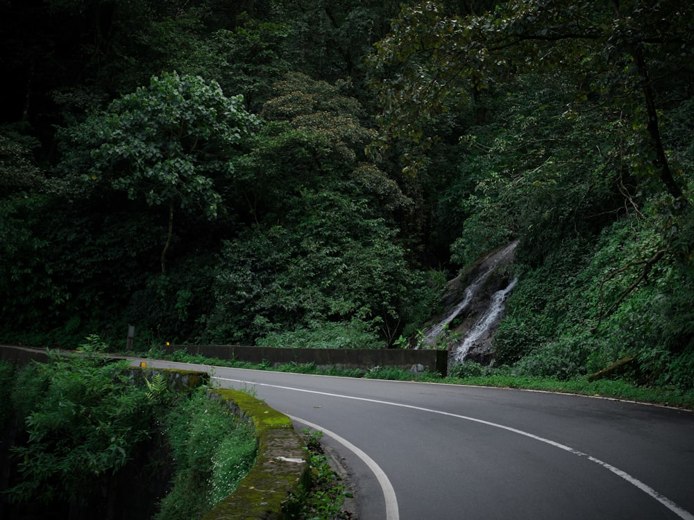 eine Straße mit einem Wasserfall und Bäumen an der Seite
