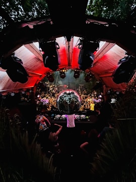 An energetic crowd gathers around a large disco ball in an outdoor venue with red lighting overhead. A DJ is performing at a console surrounded by people dancing and enjoying the lively atmosphere. The setting is surrounded by greenery and features various lights and speakers enhancing the party experience.
