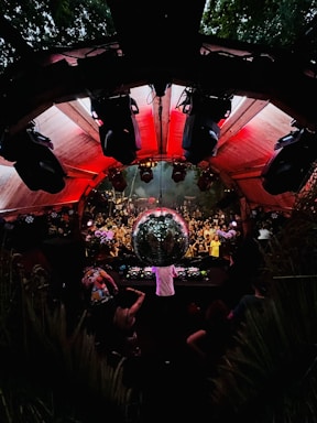 An energetic crowd gathers around a large disco ball in an outdoor venue with red lighting overhead. A DJ is performing at a console surrounded by people dancing and enjoying the lively atmosphere. The setting is surrounded by greenery and features various lights and speakers enhancing the party experience.