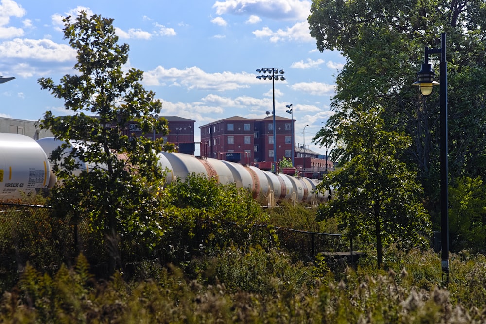 a group of buildings with trees in front of them