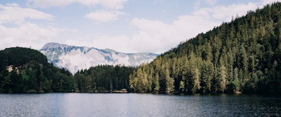 A tranquil lake surrounded by lush greenery and mountains in the background.