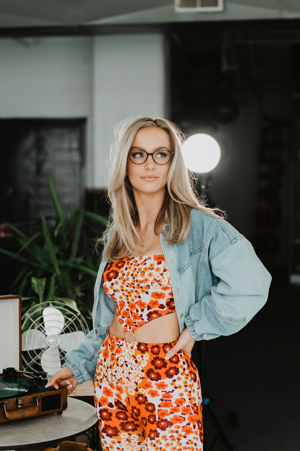 a woman wearing glasses