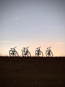 a group of bikes parked on a grassy hill