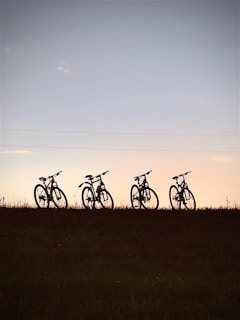 a group of bikes parked on a grassy hill