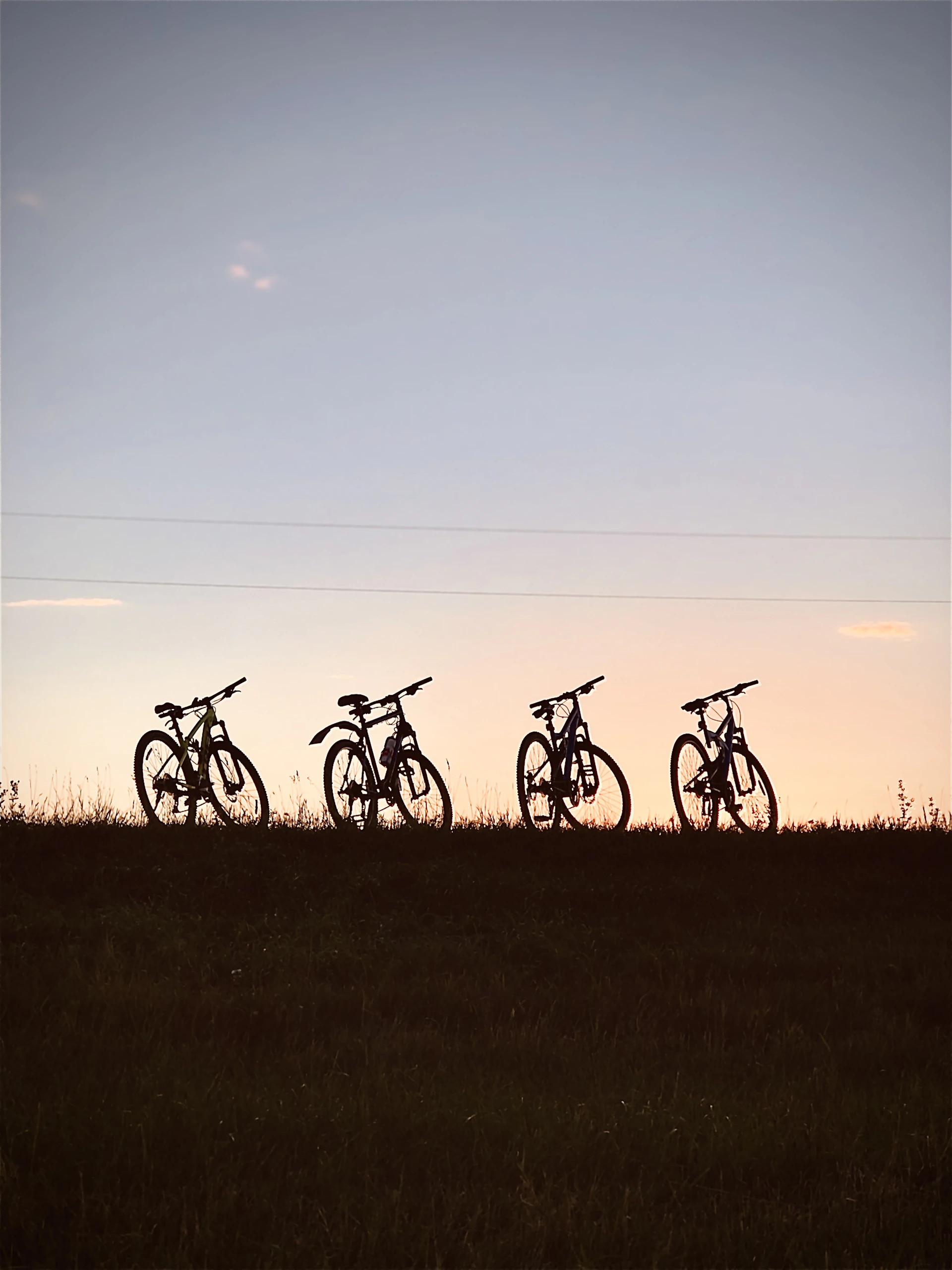 a group of bikes parked on a grassy hill