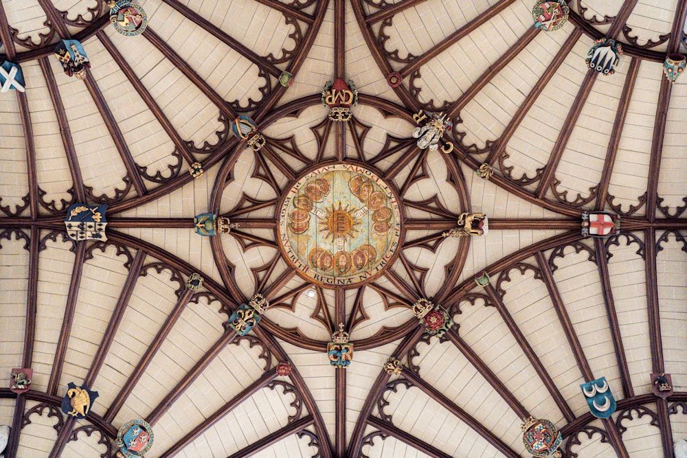 a ceiling with many colorful glass panels