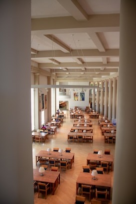 A spacious library or reading room with large wooden tables and chairs arranged neatly in rows. The room has high ceilings with large windows on one side, allowing natural light to flood in. Bookshelves and artwork line the walls, and there are a few people seated at the tables reading or working. The interior design features a classic style with pillars and subdued colors.
