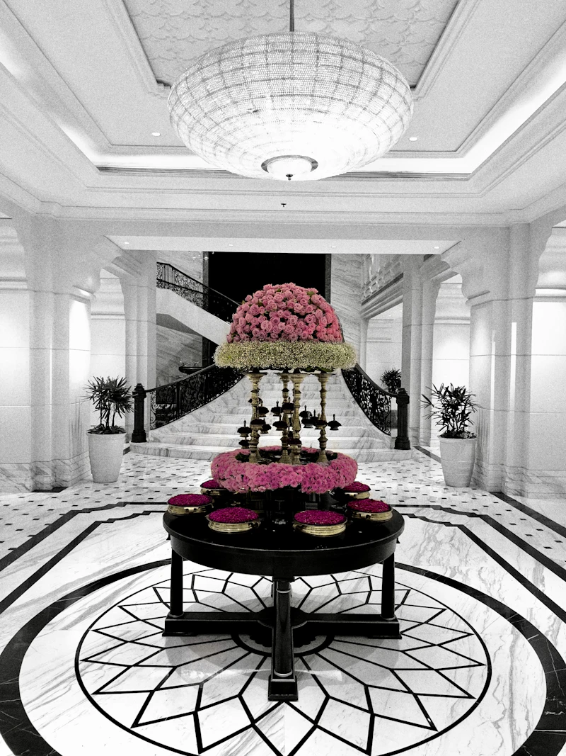 Hotel lobby dressed for arriving guests