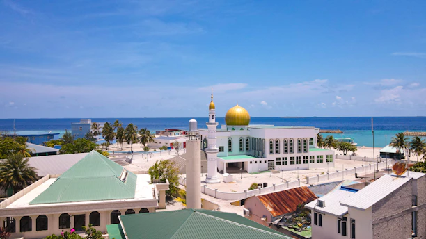 A coastal townscape featuring a prominent mosque with a large golden dome surrounded by several buildings with green-tiled roofs. Palm trees are scattered throughout, and the vivid blue ocean stretches out to the horizon under a clear sky.