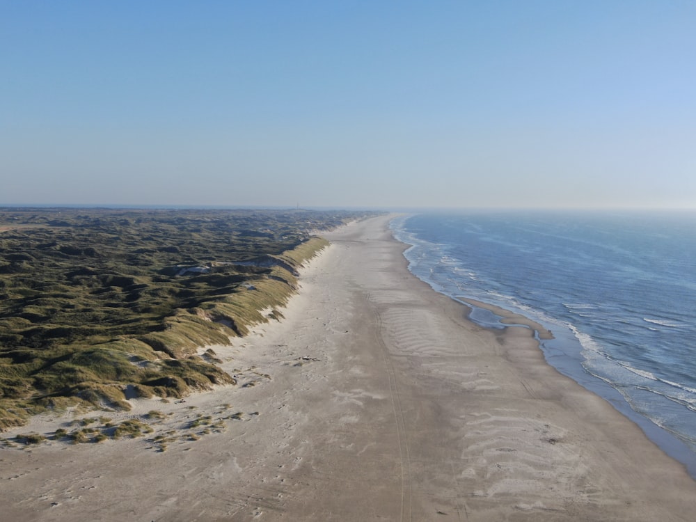 a sandy beach with a body of water in the background