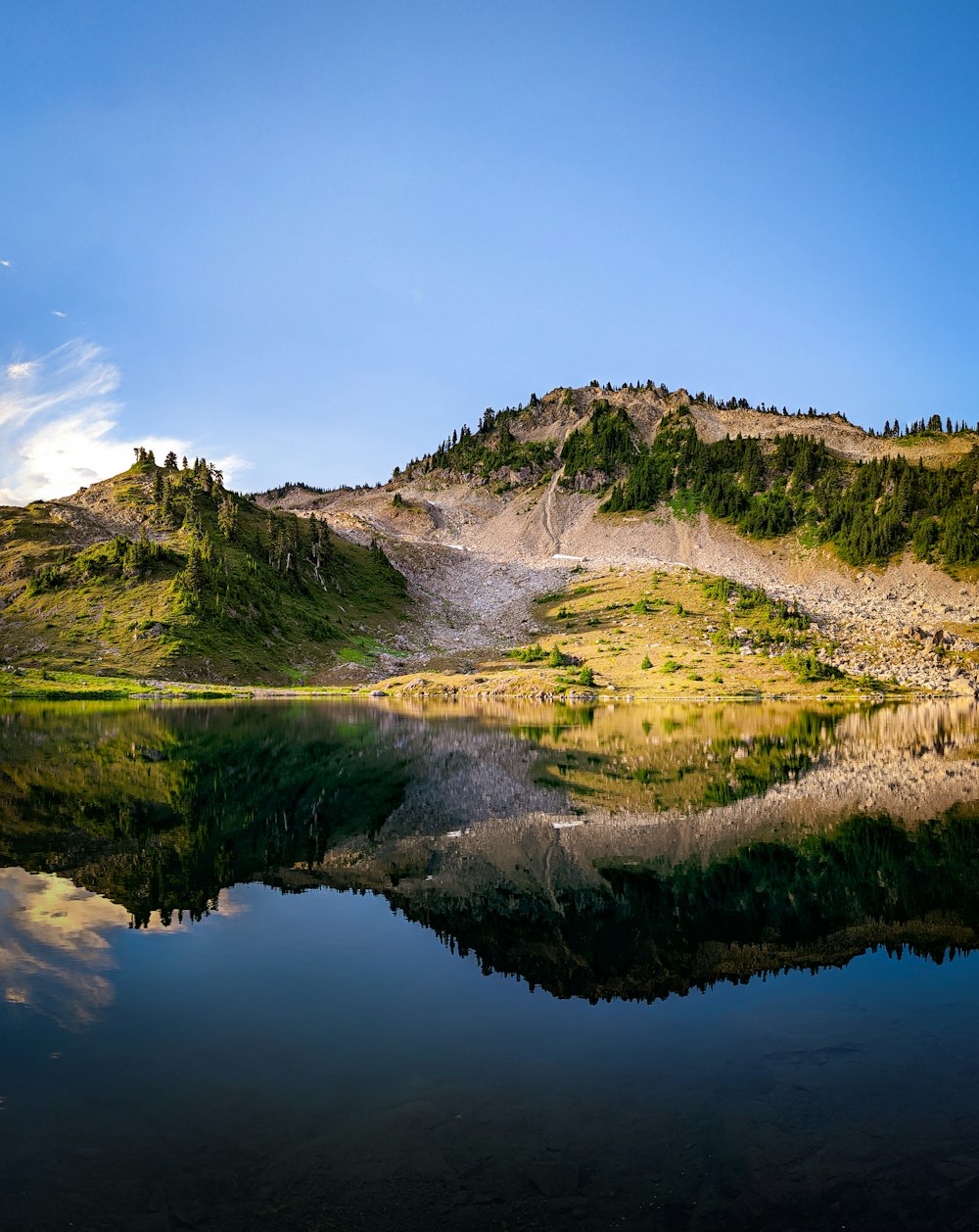 a body of water with hills in the back