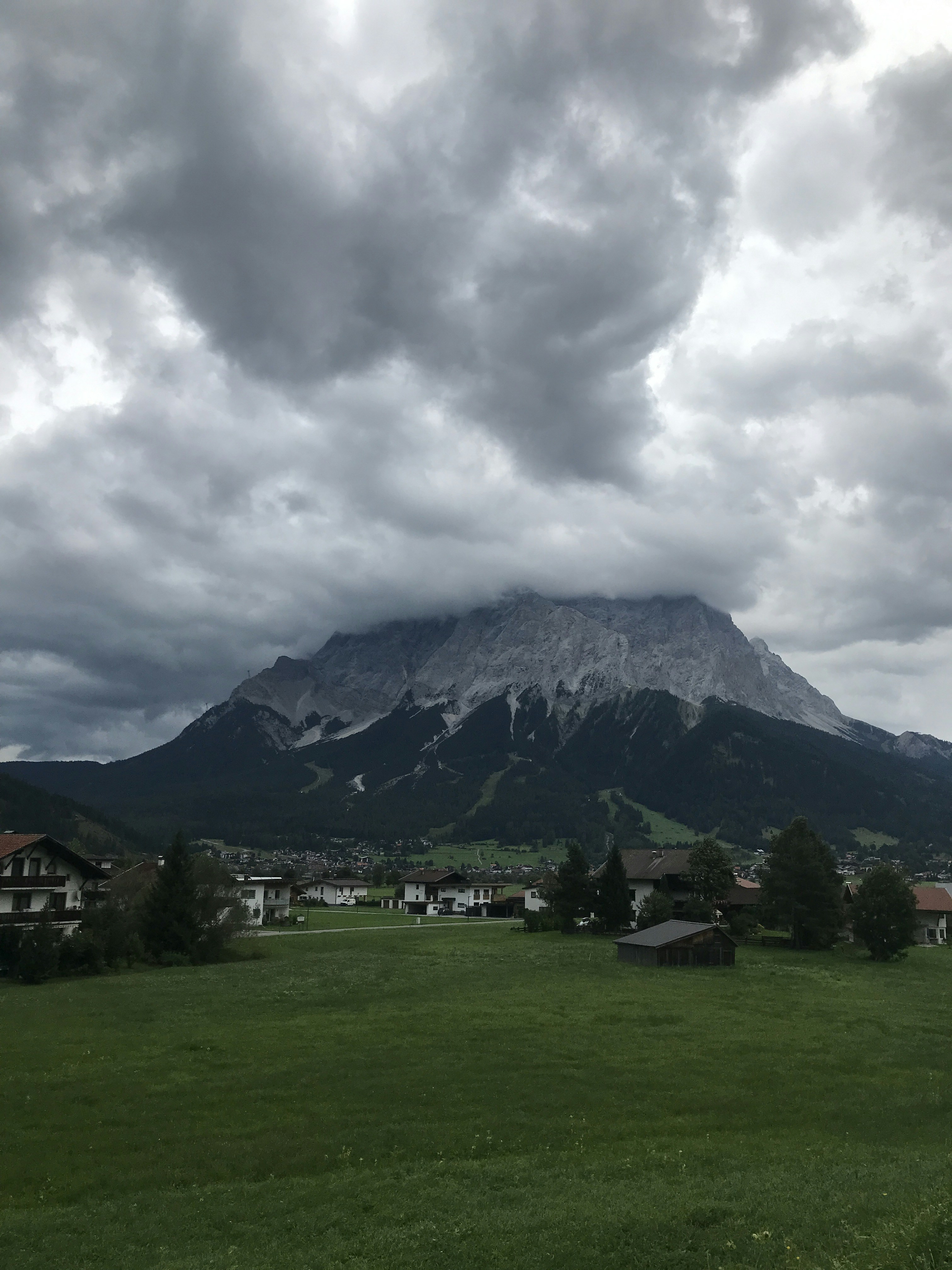 a large green field with houses and a mountain in the background