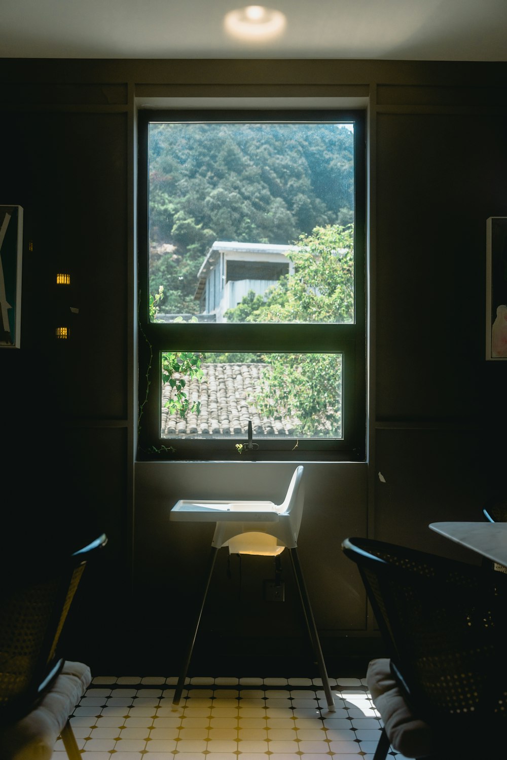 a window with a view of trees outside