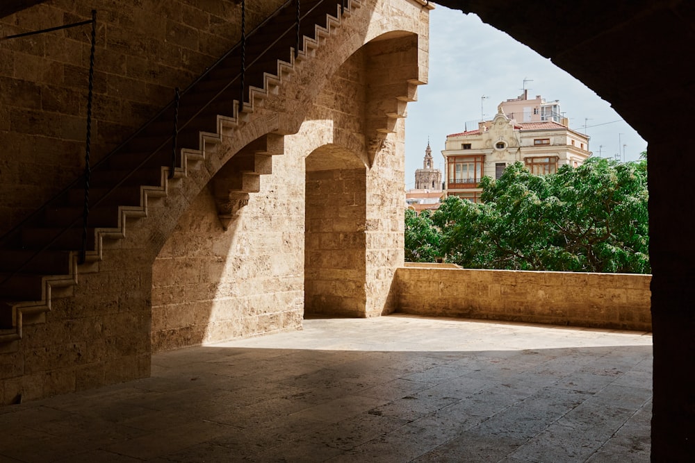 a stone staircase leading up to a building