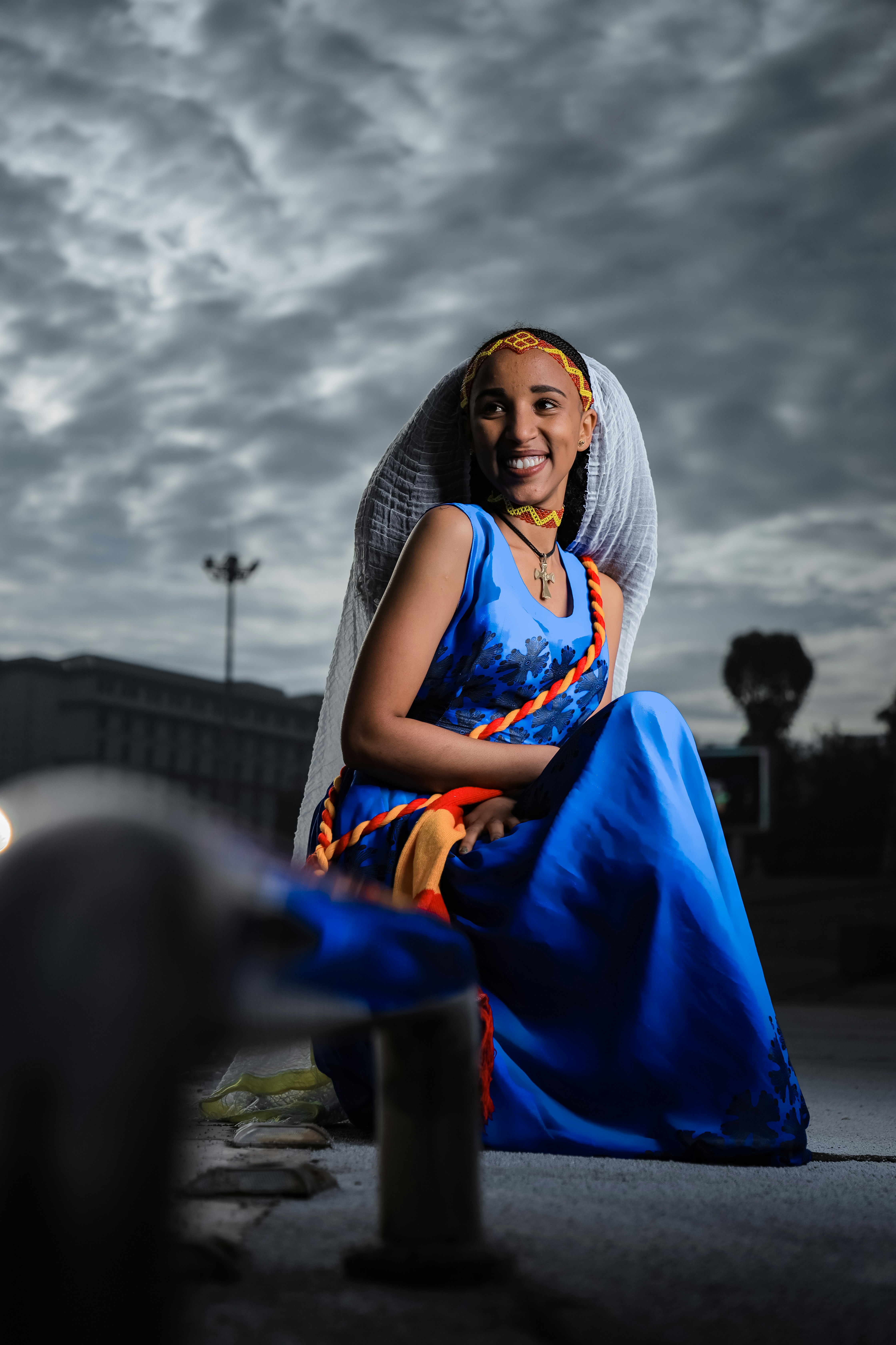 a person in a blue dress