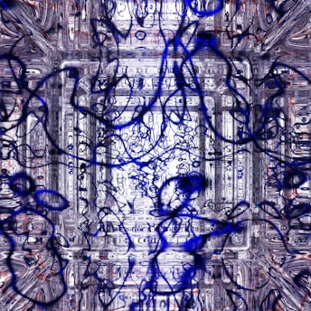 A complex and abstract composition featuring swirling and intertwining lines in shades of blue and black, overlaying a textured background of intricate, geometric patterns. The overall style is chaotic yet rhythmic, with layers of design creating a sense of depth.