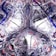 A complex abstract design features swirling patterns and shapes with a blend of lines and textures. The artwork includes a combination of smooth curves and sharp, jagged lines, predominantly in shades of black, white, red, and blue.