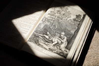 An open book with detailed illustrations and text is bathed in soft sunlight. The illustration depicts a scene with two figures in a natural setting, one appearing to assist the other. Dense trees and foliage provide a backdrop.