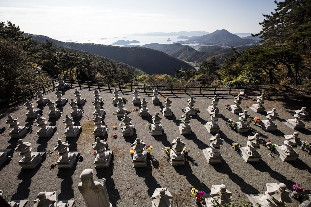 a cemetery with many headstones