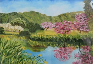 a body of water with trees and plants around it