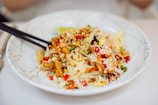 a plate of pasta with a fork