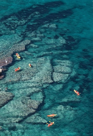 Adventurers kayaking on the Red Sea with coral reefs visible beneath the water.