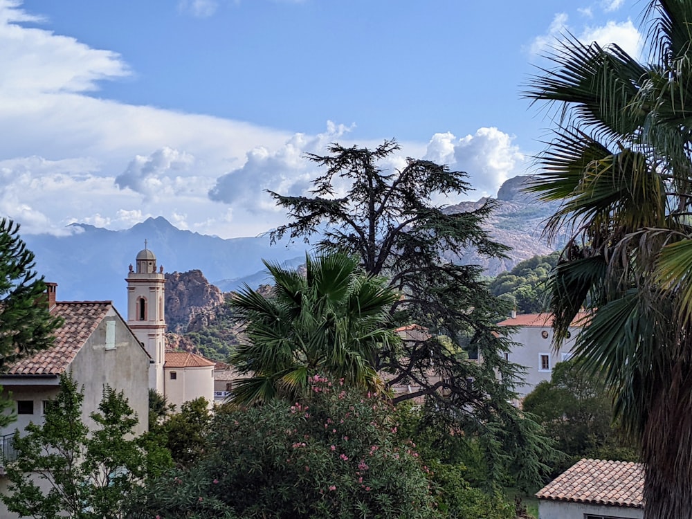 a group of trees and buildings with mountains in the background