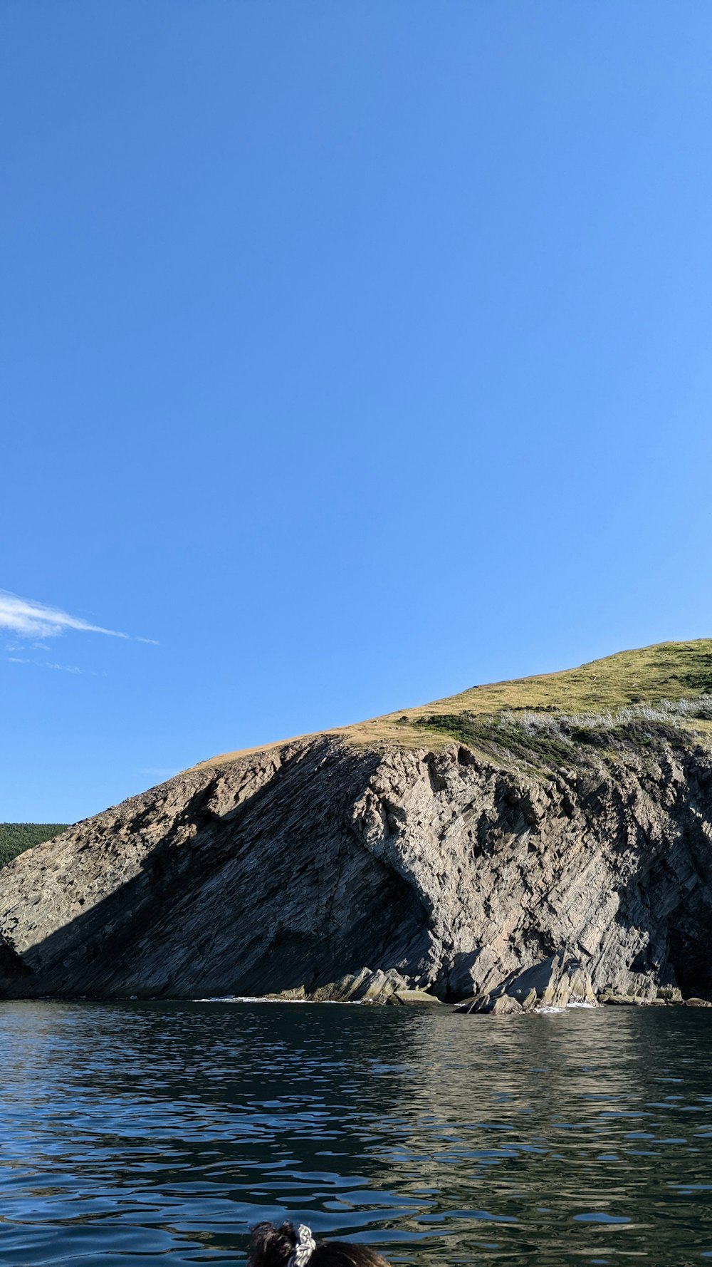 a body of water with a cliff and blue sky