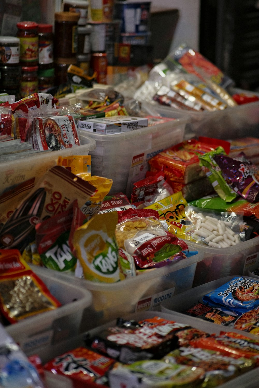 a shelf full of food