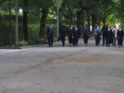 A group of people, including nuns wearing traditional habits, walk together down a tree-lined path. The surrounding area is lush with green foliage, and there are park benches along the sidewalk.