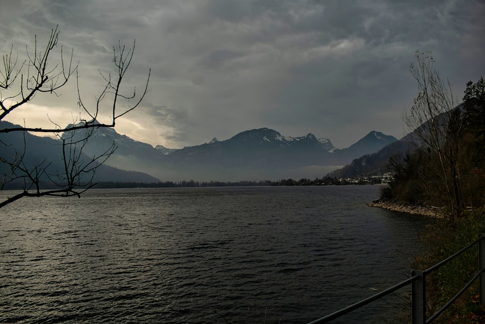 a body of water with trees and mountains in the background