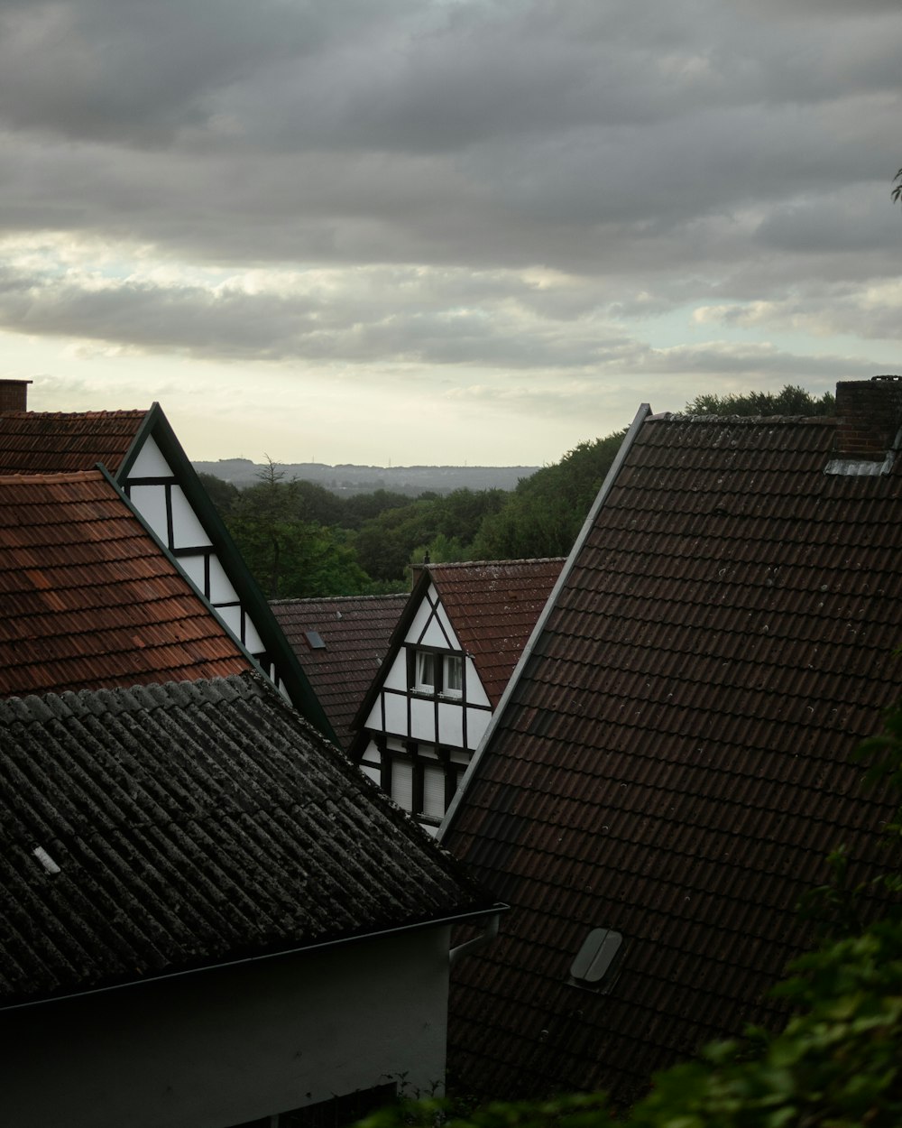a group of rooftops with trees in the background