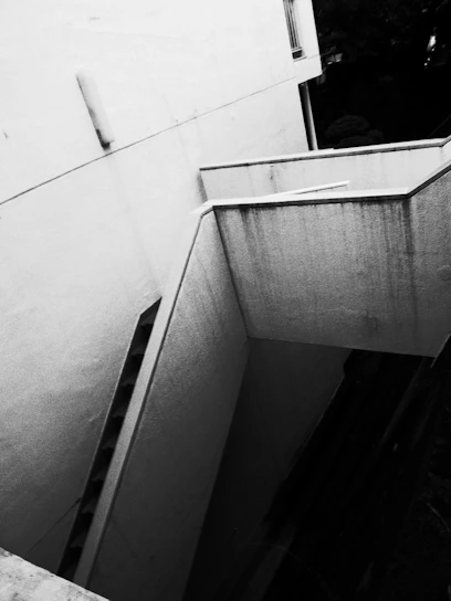 Black-and-white photo capturing a dynamic moment in an avant-garde exhibition space with bold geometric concrete structures.