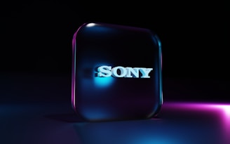 a purple rectangular object with a white logo on it