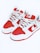 A pair of stylish sneakers with a bold red and white color scheme. The sneakers feature a prominent logo on the tongue and side, and are equipped with white laces.