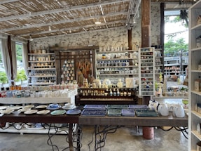 A rustic indoor shop displays a variety of ceramic and pottery items, including mugs, plates, bowls, and decorative figures. The shelves are filled with neatly arranged, colorful pottery items. The shop features a natural aesthetic with wooden shelves, a thatched-style ceiling, and large windows letting in natural light. Plants can be seen outside through the windows.