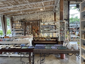 A rustic indoor shop displays a variety of ceramic and pottery items, including mugs, plates, bowls, and decorative figures. The shelves are filled with neatly arranged, colorful pottery items. The shop features a natural aesthetic with wooden shelves, a thatched-style ceiling, and large windows letting in natural light. Plants can be seen outside through the windows.