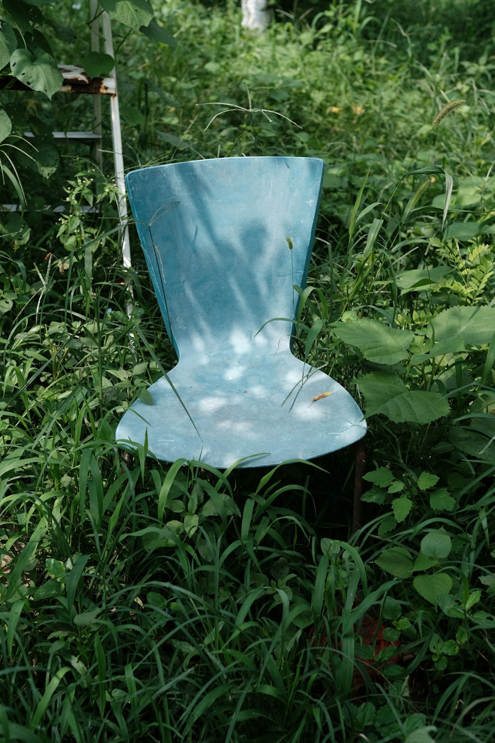 a blue vase in the middle of a bush