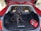 A large black dog is sitting in the open trunk of a red SUV, with the interior featuring beige leather seats. A red first aid kit is also visible in the trunk space.