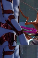 A futuristic scene featuring a humanoid figure with metallic armor-like pieces interspersed on a blue body. The setting includes abstract, twisting shapes and a glossy surface, with a mix of dark and vibrant colors creating an otherworldly appearance.