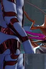 A futuristic scene featuring a humanoid figure with metallic armor-like pieces interspersed on a blue body. The setting includes abstract, twisting shapes and a glossy surface, with a mix of dark and vibrant colors creating an otherworldly appearance.