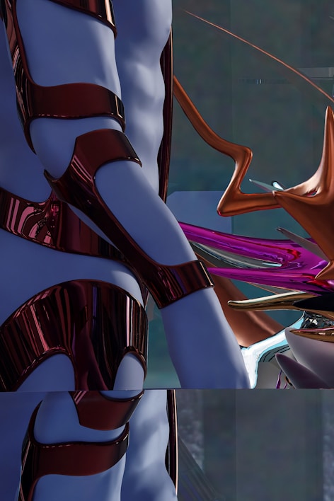 Dark futuristic armor glowing with neon blue accents in a misty environment