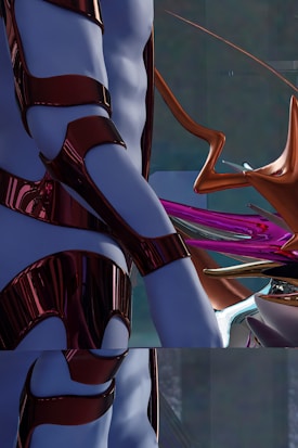 A futuristic scene featuring a humanoid figure with metallic armor-like pieces interspersed on a blue body. The setting includes abstract, twisting shapes and a glossy surface, with a mix of dark and vibrant colors creating an otherworldly appearance.