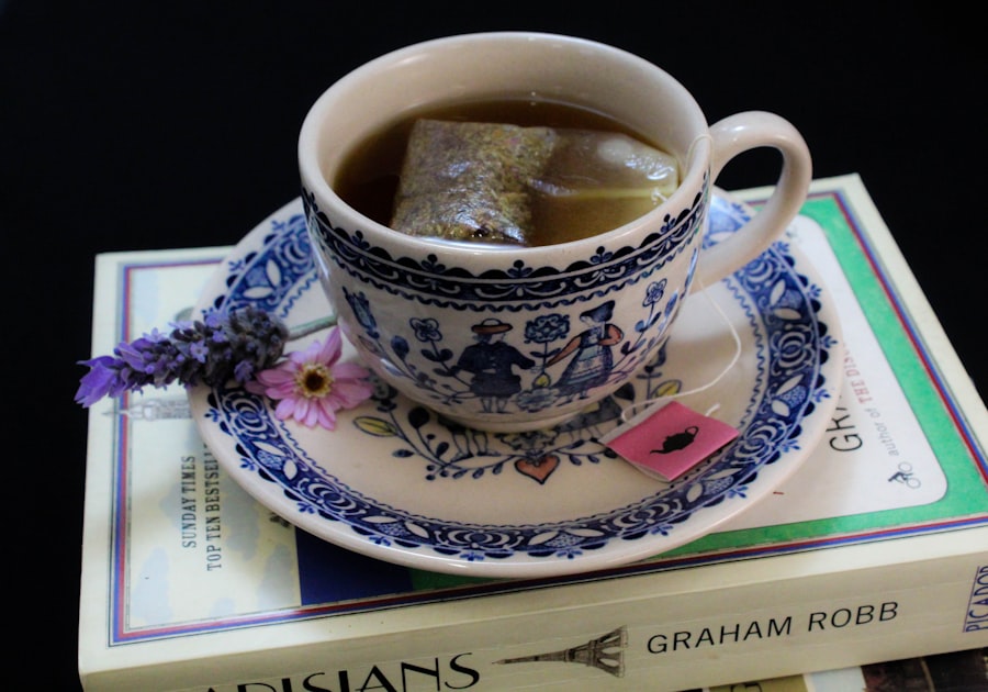 Lavender tea preparation scene with purple-hued ingredients on a countertop