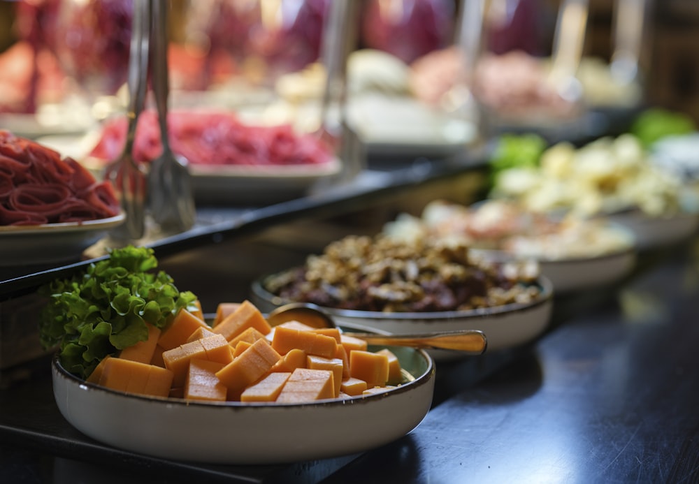 a table is filled with food